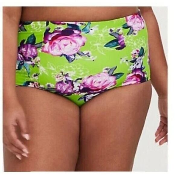 Torrid Neon Green Floral Lattice High Waist Swim Bottom 4X - Picture 7 of 10